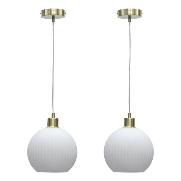 Set of 2 Betchley - White Ribbed Glass Globe with Satin Brass Pendant Fittings