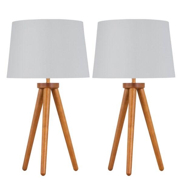 Set of 2 Dark Oak Table Lamp or Bedside Lights with White Silver Shade