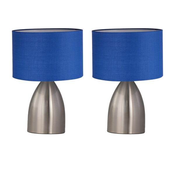 Set of 2 Valentina - Brushed Chrome Touch Lamps with Navy Blue Shades