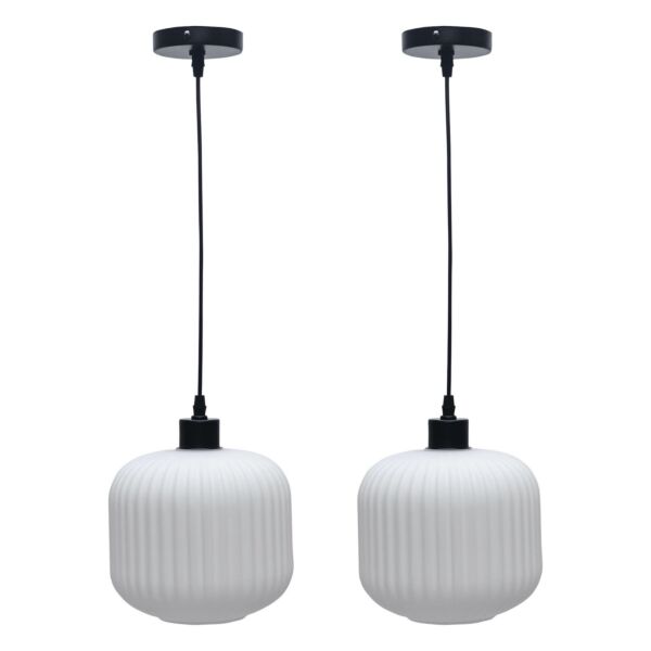 Set of 2 Bento - White Ribbed Glass with Black Pendant Fittings