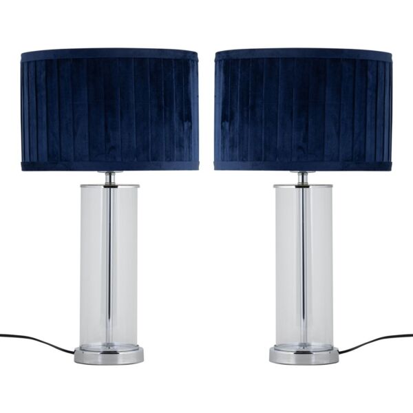 Set of 2 Aura - Chrome Table Lamps with Navy Blue Velvet Pleat Shades