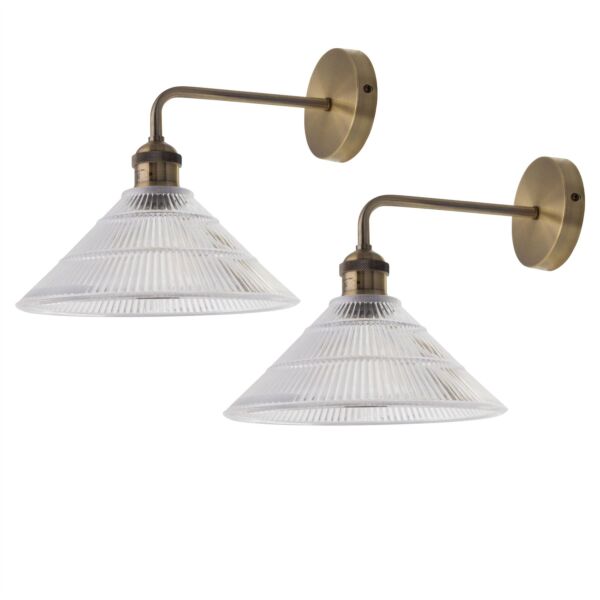 Set of 2 Isaac - Antique Brass Wall Lights with Fluted Glass Shades