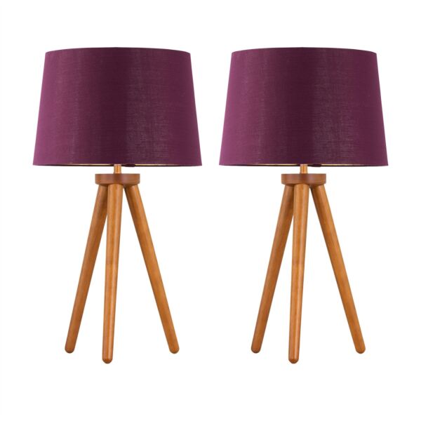 Set of 2 Dark Oak Table Lamp or Bedside Lights with Burgundy Shades
