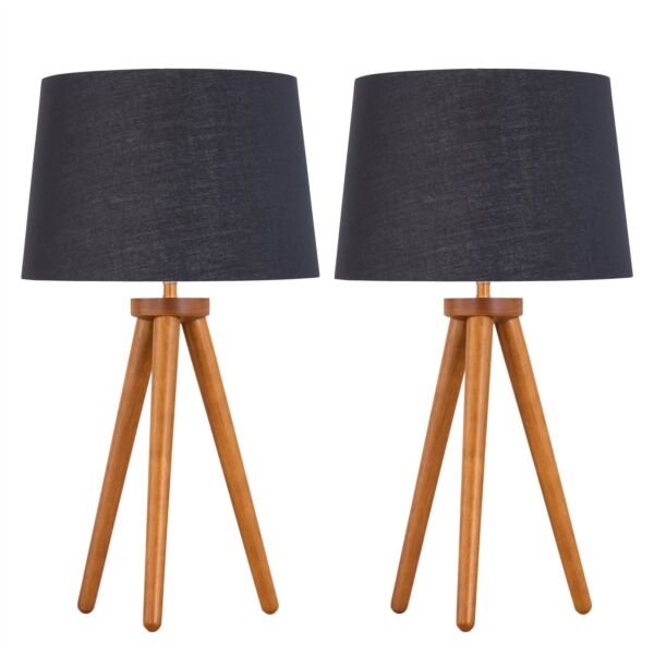 Set of 2 Dark Oak Table Lamp or Bedside Lights with Black Gold Shades