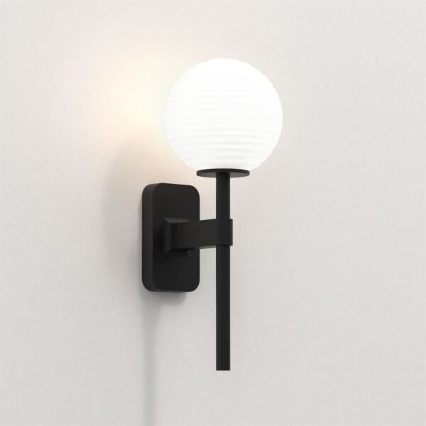 Astro Lighting - Tacoma Single 1429004 & 5036004 - IP44 Matt Black Wall Light with White Ribbed Glass Shade