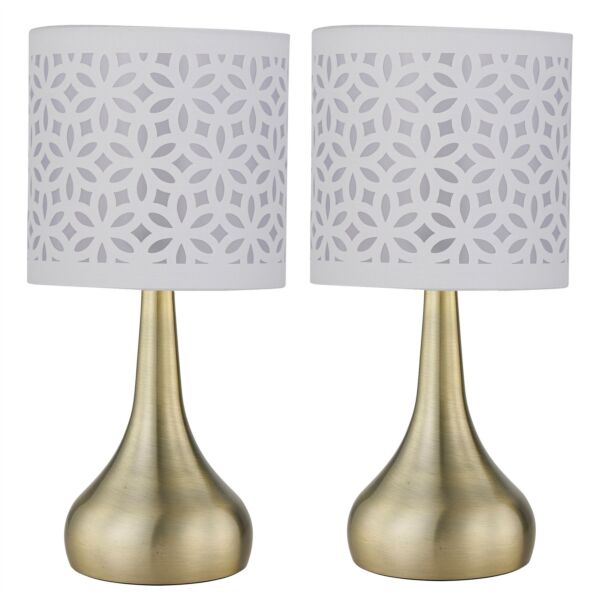 Set of 2 Romana - Antique Brass Touch Operated Table Lamps Bedside Lights White Laser Cut Shade