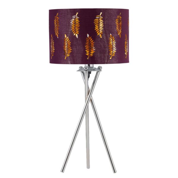 Chrome Tripod Table Lamp with Burgundy Fern Cut Out Shade