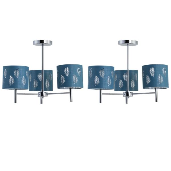 Set of 2 Brea - Chrome 3 Light Fittings with Teal Fern Shades