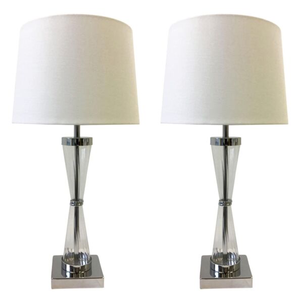 Set of 2 Chrome Touch Lamps with White Cotton Shades
