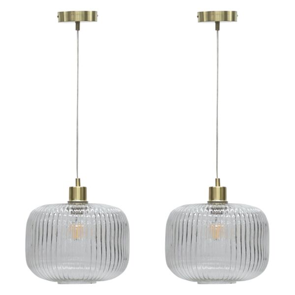 Set of 2 Batley Large - Clear Ribbed Glass with Satin Brass Pendant Fittings