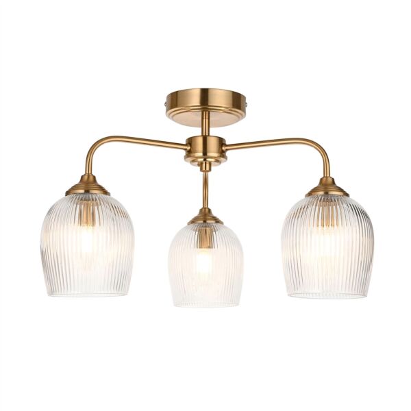 Endon Lighting - Ashcroft - 120617 - Aged Brass Clear Ribbed Glass 3 Light Flush Ceiling Light