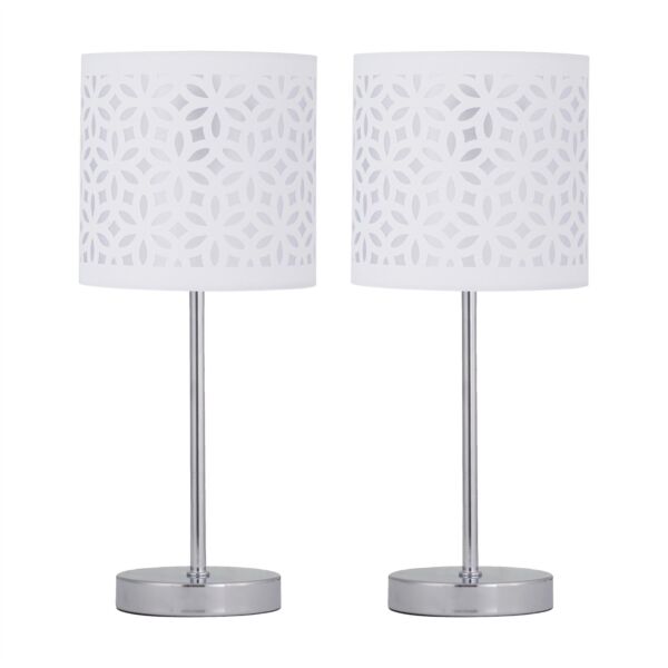 Set of 2 Chrome Touch Operated Table Lamps with White Cut Out Shades