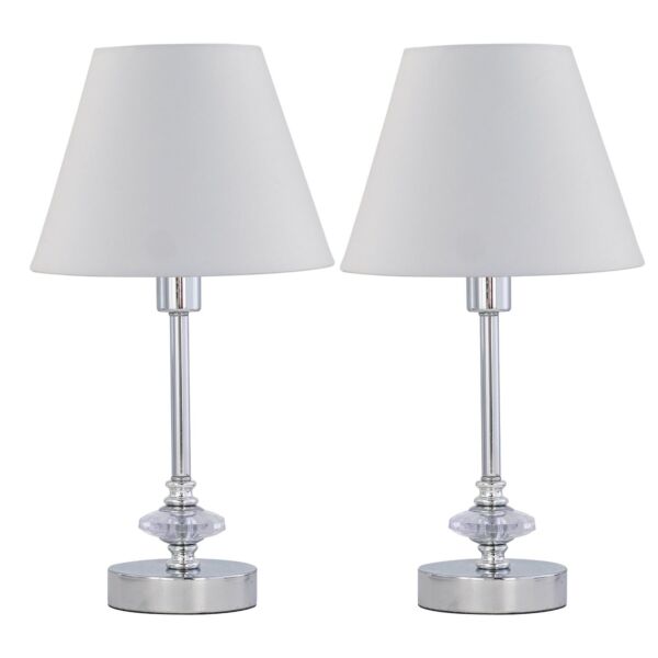 Set of 2 Chrome Jewelled Table Lamps with Ivory Off White Shades