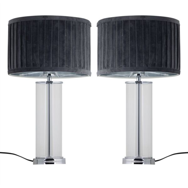 Set of 2 Aura - Chrome Table Lamps with Grey Pleated Velvet Shades