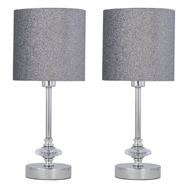 Set of 2 Chrome Jewelled Table Lamp with Silver Glitter Shades