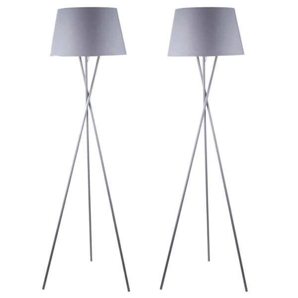 Pair Grey Tripod Floor Lamp with Grey Fabric Shade
