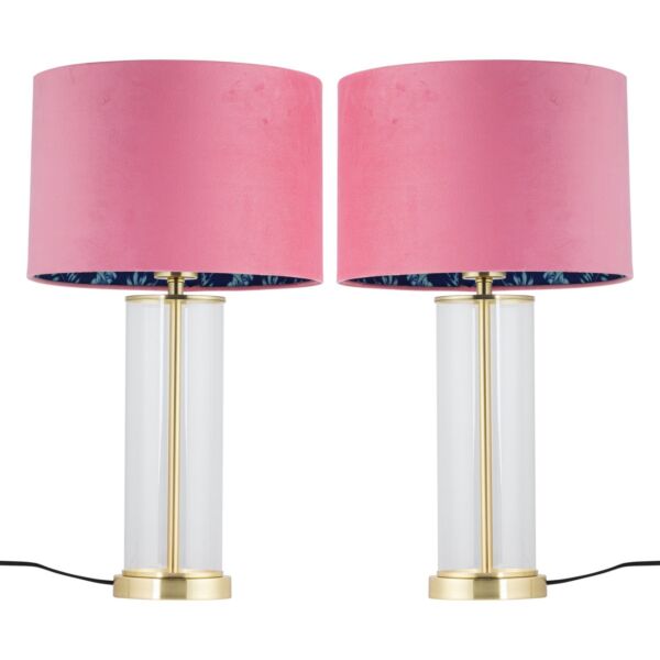 Set of 2 Aura - Satin Brass Lamps with Pink Velvet Flamingo Shades