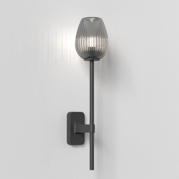 Astro Lighting - Tacoma Single Grande 1429006 & 5036008 - IP44 Matt Black Wall Light with Smoked Ribbed Tulip Glass Shade