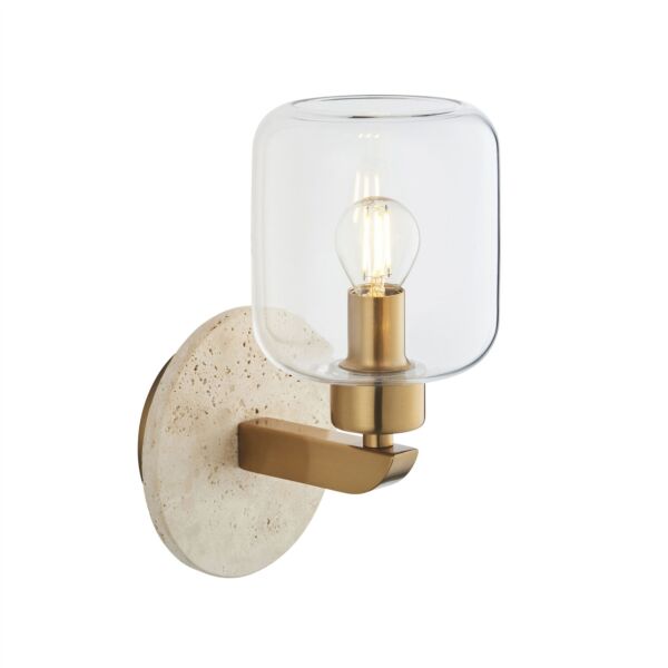 Endon Lighting - Travi - 120662 - Vintage Brass Travertine Stone Clear Glass Wall Light