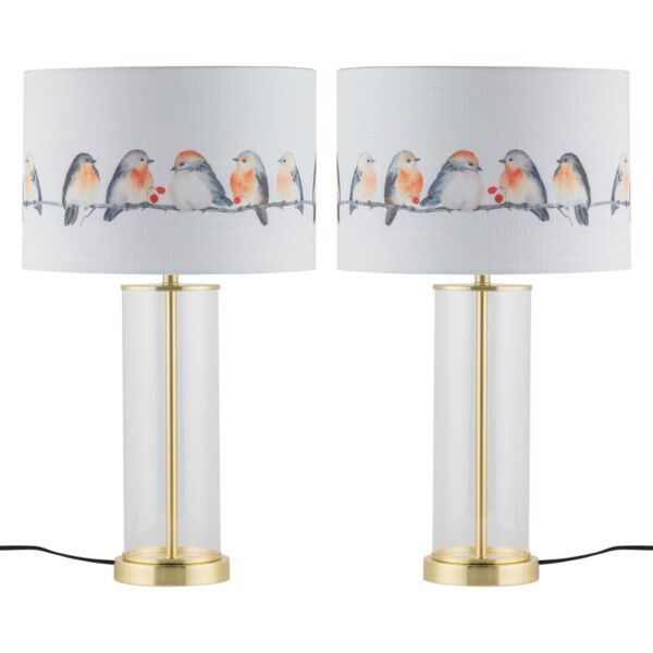 Set of 2 Aura - Satin Brass Lamps with Bird Print Linen Shades