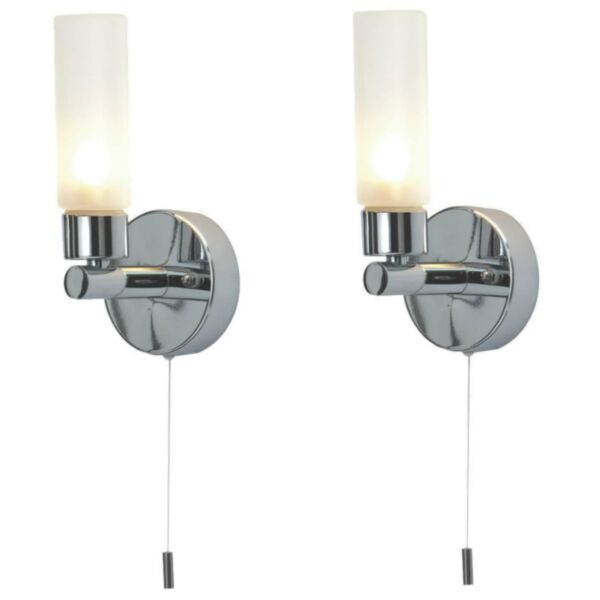 Set of 2 Polished Chrome IP44 Bathroom Wall Light With Pull Cord Switch