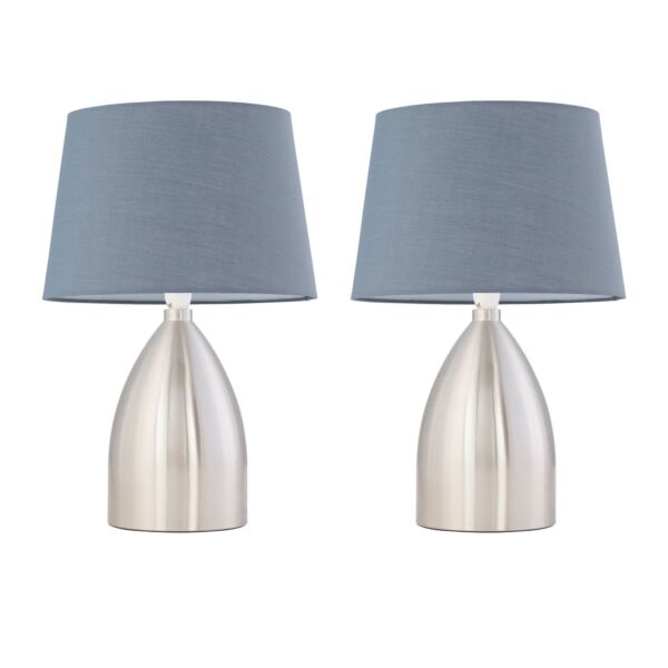 Set of 2 Valentina - Brushed Chrome Touch Lamps with Grey Cotton Shades