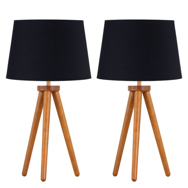 Set of 2 Dark Oak Table Lamp or Bedside Lights with Black Shades