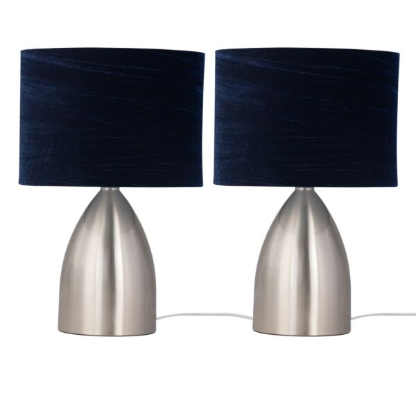 Set of 2 Valentina - Brushed Chrome Touch Lamps with Navy Crushed Velvet Shades