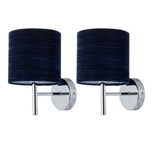 Set of 2 Brea - Chrome Wall Lights with Navy Blue Velvet Shades