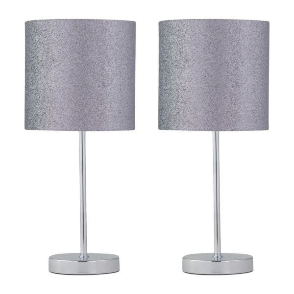 Set of 2 Chrome Touch Operated Table Lamp with Silver Glitter Shades