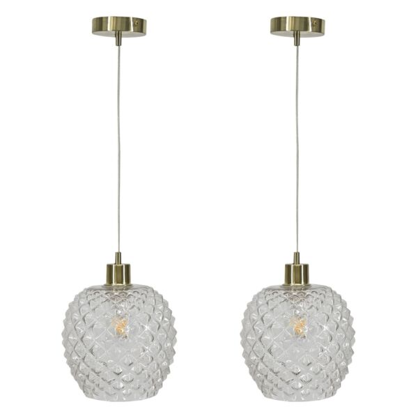 Set of 2 Baine - Clear Textured Glass with Satin Brass Pendant Fittings