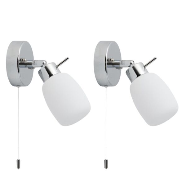 Set of 2 Brom - Chrome Opal Glass IP44 Pull Cord Bathroom Wall Spotlights
