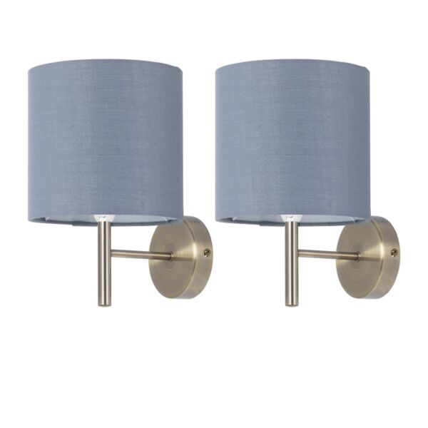 Set of 2 Brea - Antique Brass Wall Lights with Grey Cotton Shades