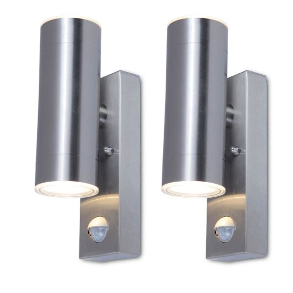 Set of 2 Rado - Stainless Steel IP44 Outdoor Motion Sensor Up Down GU10 Wall Lights