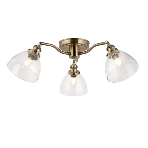 Endon Lighting - Hansen - 97247 - Antique Brass Clear Glass 3 Light Flush Ceiling Light