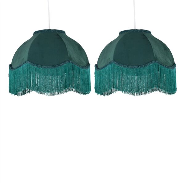 Set of 2 Fringe - Dark Green Velvet Fringed Pendant or Lamp Shades