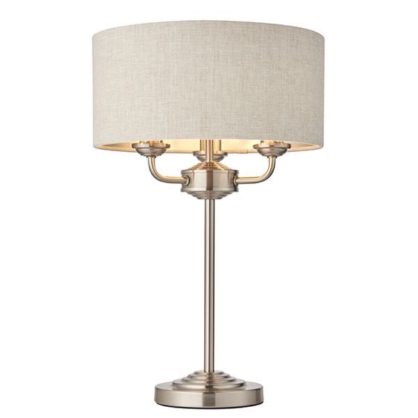 Endon Lighting - Highclere - 94369 - Brushed Chrome Natural 3 Light Table Lamp With Shade