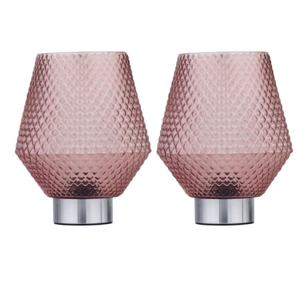 Set of 2 Porter - Battery Operated Chrome Lamps Pink Textured Glass