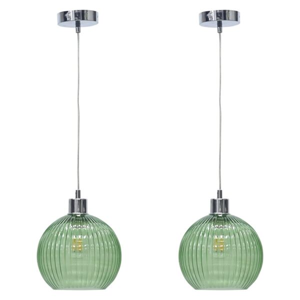 Set of 2 Betchley - Green Ribbed Glass Globe with Chrome Pendant Fittings