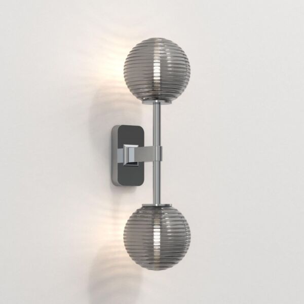 Astro Lighting - Tacoma Twin 1429002 & 5036005 - IP44 Polished Chrome Wall Light with Smoked Ribbed Glass Shades