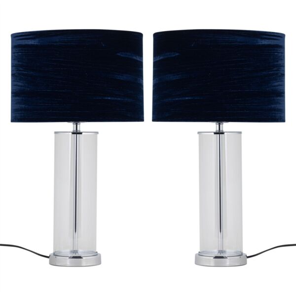 Set of 2 Aura - Chrome Table Lamps with Navy Crushed Velvet Shades