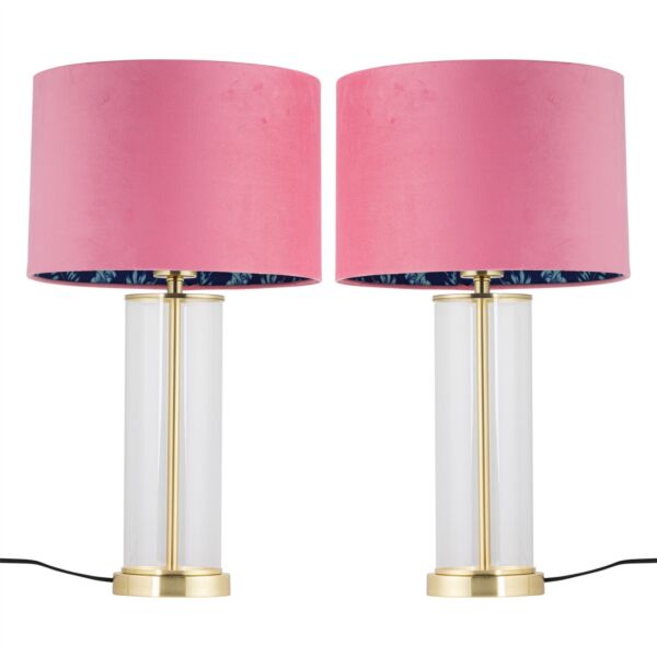Set of 2 Aura - Satin Brass Lamps with Pink Velvet Flamingo Shades
