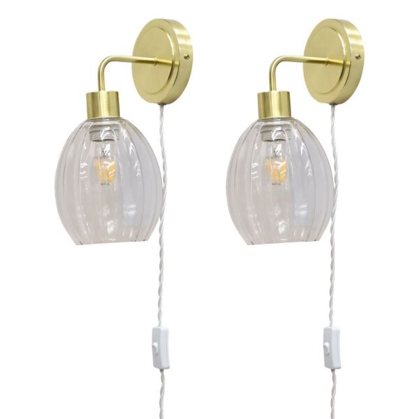 Set of 2 Toby - Satin Brass Plug in Wall Lights Fluted Shades
