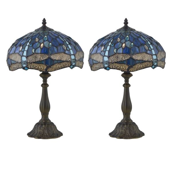 Set of 2 Beaumont - Tiffany Dragonfly Coloured Glass 47cm Table Lamps