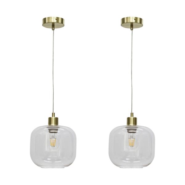 Set of 2 Bletch - Clear Glass with Satin Brass Pendant Fittings