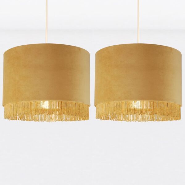Set of 2 Sand Velvet With Chrome Inner Tassled Light Shades