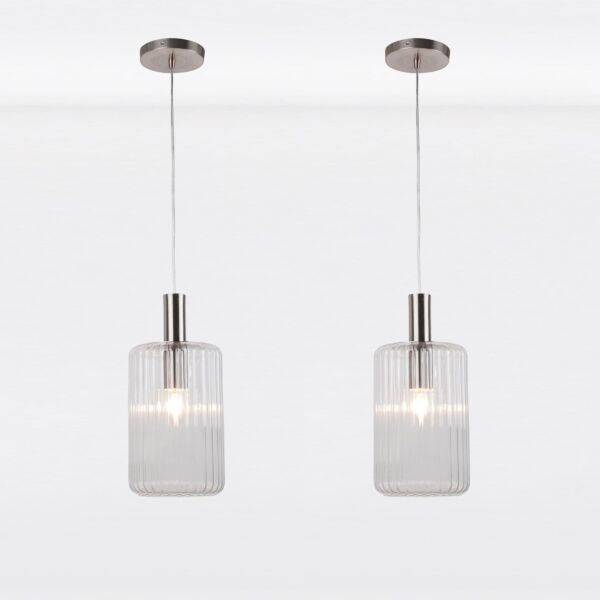 Set of 2 Clear and Brushed Chrome Fluted Glass Design Pendant Fittings