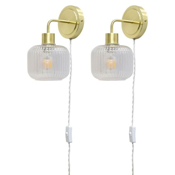Set of 2 Toby - Satin Brass Plug in Wall Lights Barrel Ribbed Glass