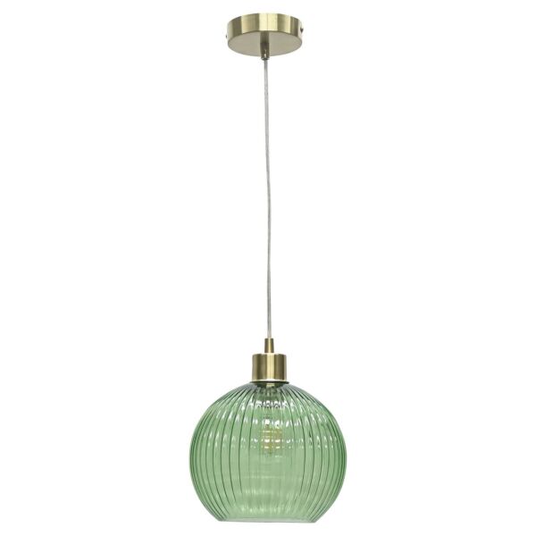 Betchley - Green Ribbed Glass Globe with Satin Brass Pendant Fitting