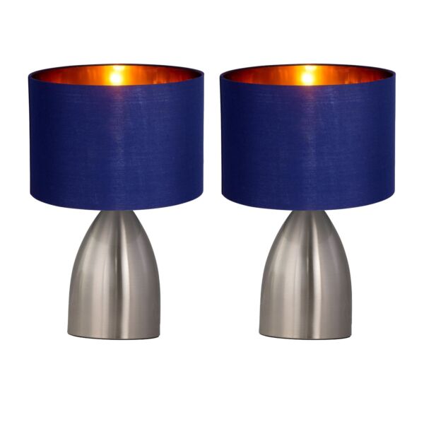 Set of 2 Valentina - Brushed Chrome Touch Lamps with Navy Blue Gold Shades